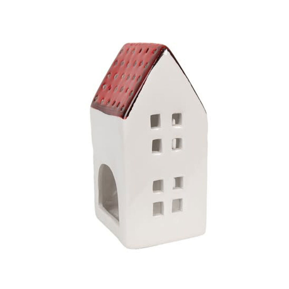 Melting Pot - Waxinelichthouder Huisje Rood-Wit Keramiek 8x8x15cm Melting Pot - Waxinelichthouder Huisje Rood-Wit Keramiek 8x8x15cm
