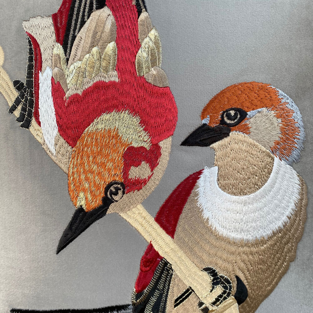 Colmore - Sierkussen Birds Multicolor op Grijs 50x50cm met bies Colmore - Sierkussen Birds Multicolor op Grijs 50x50cm met bies