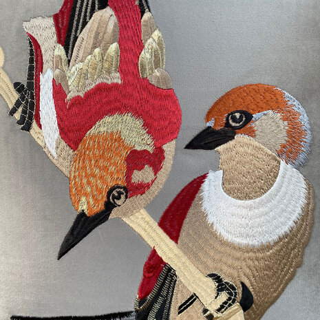 Colmore - Sierkussen Birds Multicolor op Grijs 50x50cm met bies Colmore - Sierkussen Birds Multicolor op Grijs 50x50cm met bies