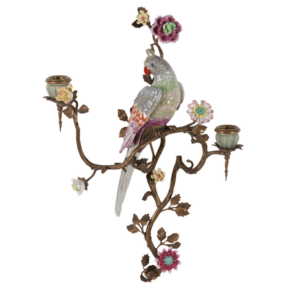 Melting Pot Exclusive - Wand Kandelaar Papegaai met Bloemen Porselein 27x48cm Melting Pot Exclusive - Wand Kandelaar Papegaai met Bloemen Porselein 27x48cm
