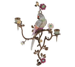 Melting Pot Exclusive - Wand Kandelaar Papegaai met Bloemen Porselein 27x48cm Melting Pot Exclusive - Wand Kandelaar Papegaai met Bloemen Porselein 27x48cm