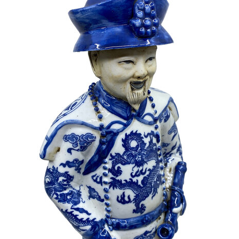 Melting Pot - Beeld Chinese Keizer Grootvader Staand Blauw Wit 12x45cm Melting Pot - Beeld Chinese Keizer Grootvader Staand Blauw Wit 12x45cm