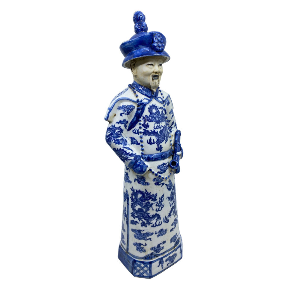 Melting Pot - Beeld Chinese Keizer Grootvader Staand Blauw Wit 12x45cm Melting Pot - Beeld Chinese Keizer Grootvader Staand Blauw Wit 12x45cm