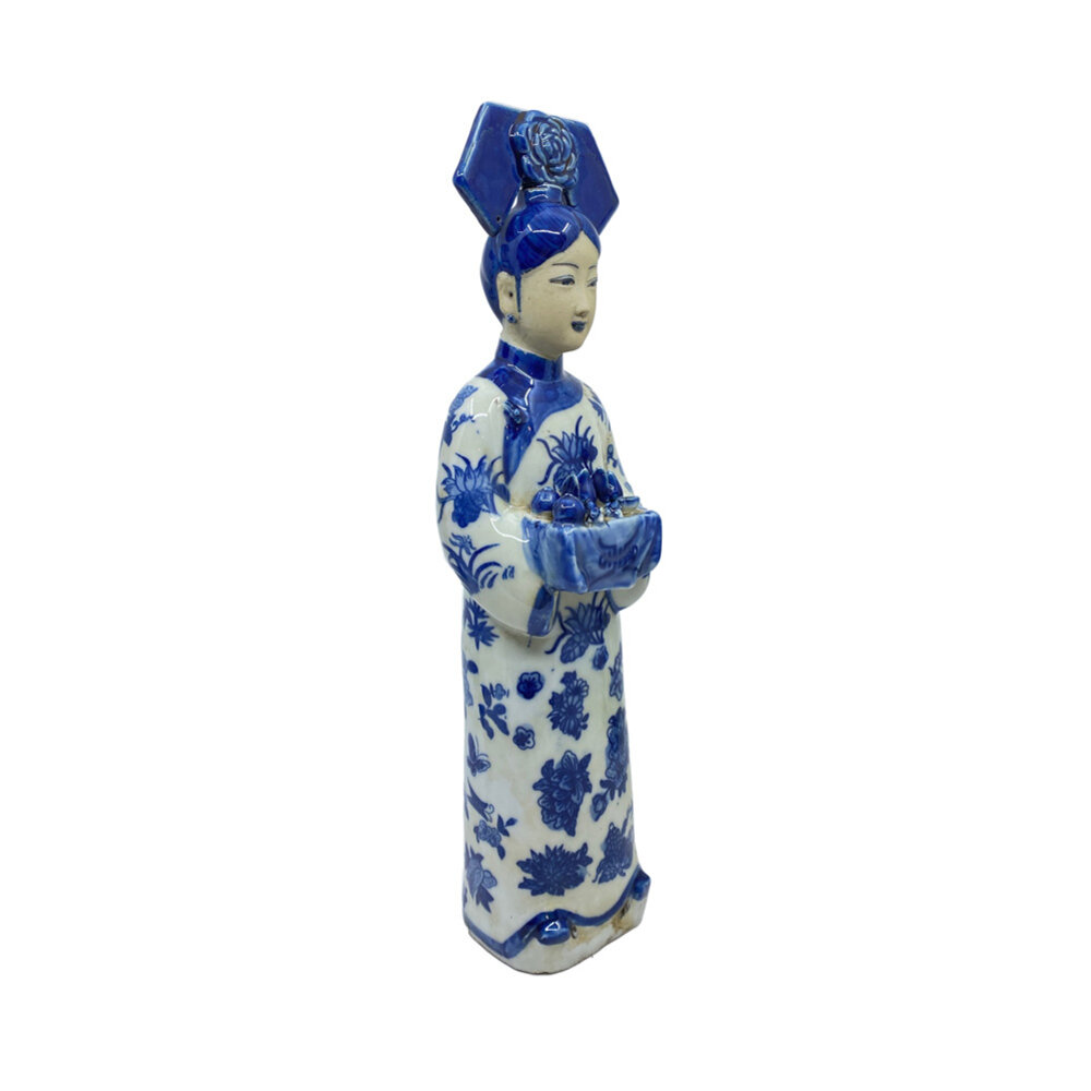 Melting Pot - Handgemaakt Beeld Chinese Keizerin met Theeservies Blauw-Wit Porselein 8x32cm