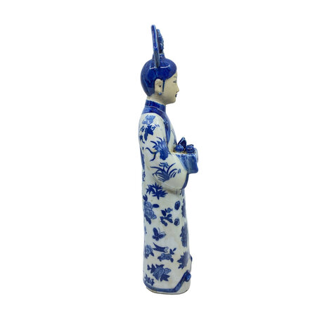 Melting Pot - Handgemaakt Beeld Chinese Keizerin met Theeservies Blauw-Wit Porselein 8x32cm
