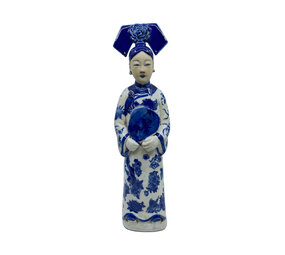 Melting Pot - Beeld Chinese Keizerin met Spiegel Blauw-Wit Porselein 8x32cm