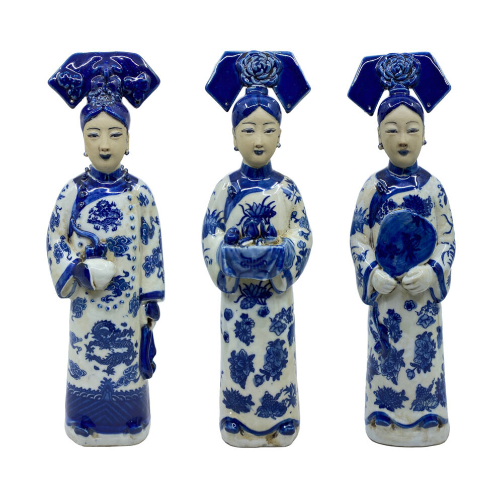 Melting Pot - Handgemaakt Beeld Chinese Keizerin met Theeservies Blauw-Wit Porselein 8x32cm