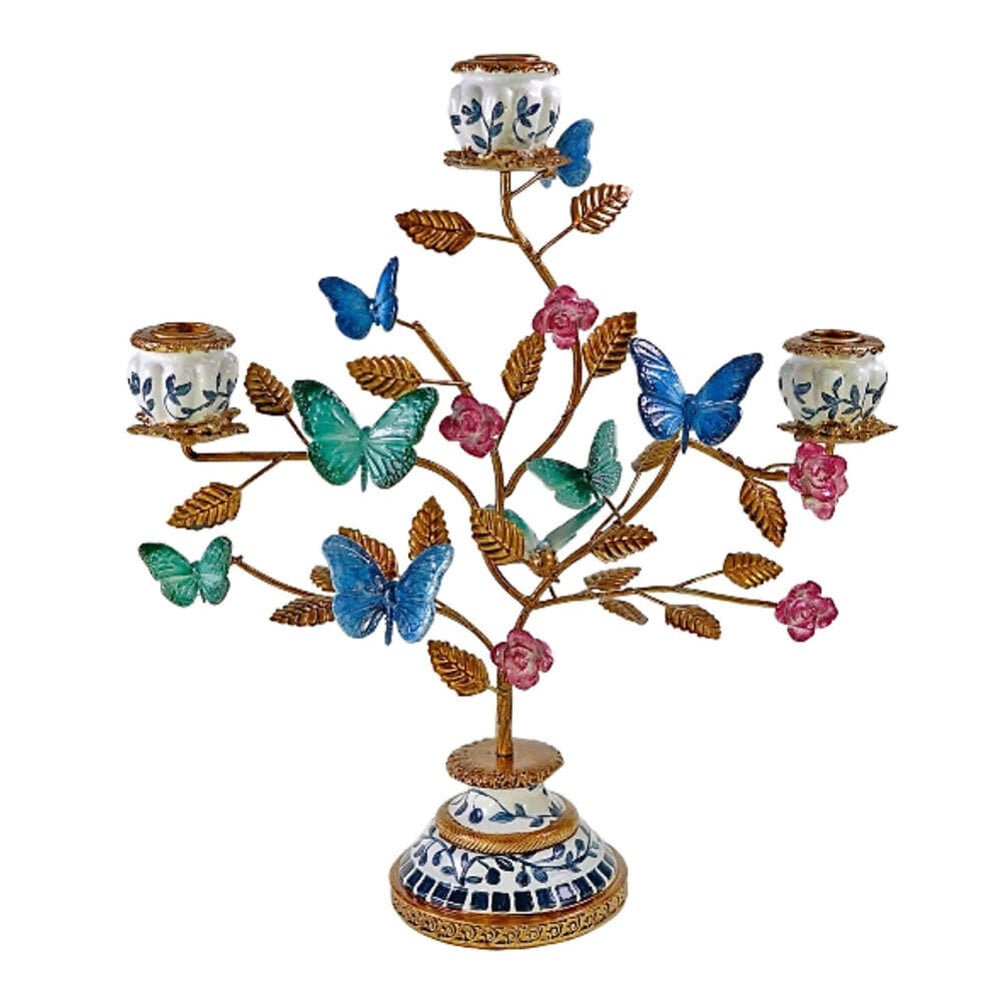 Werns - Kandelaar Vlinders Blauw-Jade-Roze Goud 35x39cm 3-Armen