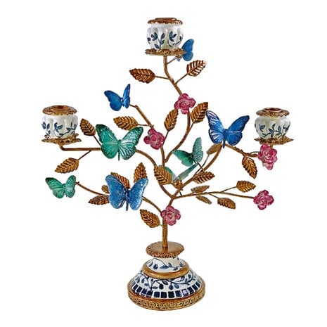 Werns - Kandelaar Vlinders Blauw-Jade-Roze Goud 35x39cm 3-Armen