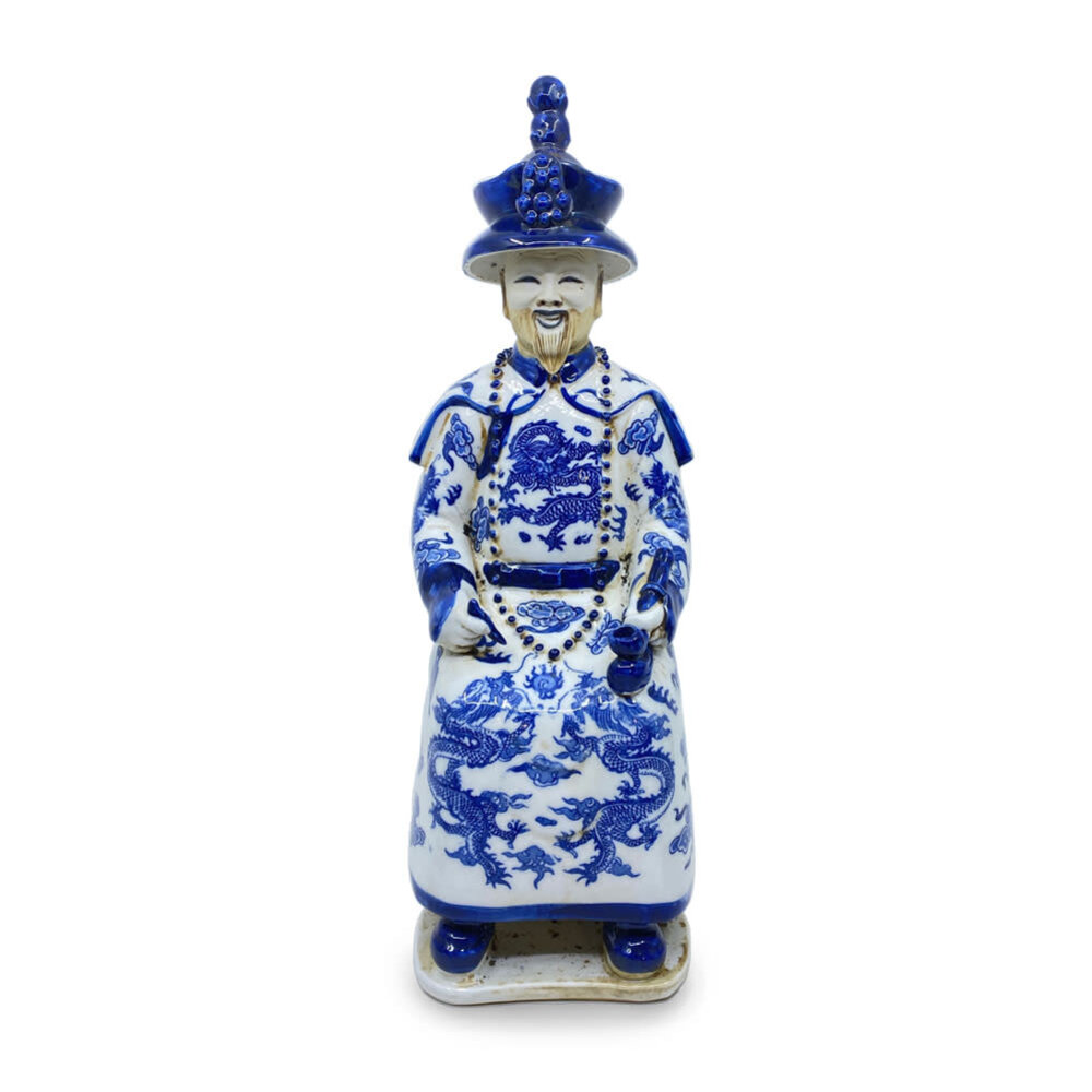 Melting Pot - Beeld Chinese Keizer Grootvader Zittend Blauw Wit 33cm Melting Pot - Beeld Chinese Keizer Grootvader Zittend Blauw Wit 33cm