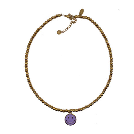 Melting Pot - Gouden Kralenketting met Gekleurde Smiley van Verguld RVS 40cm – Lila of Turquoise Melting Pot - Gouden Kralenketting met Gekleurde Smiley van Verguld RVS 40cm – Lila of Turquoise