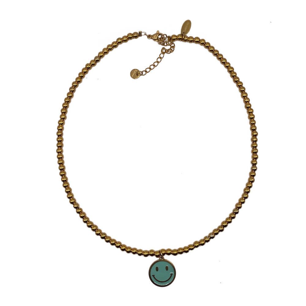 Melting Pot - Gouden Kralenketting met Gekleurde Smiley van Verguld RVS 40cm – Lila of Turquoise Melting Pot - Gouden Kralenketting met Gekleurde Smiley van Verguld RVS 40cm – Lila of Turquoise