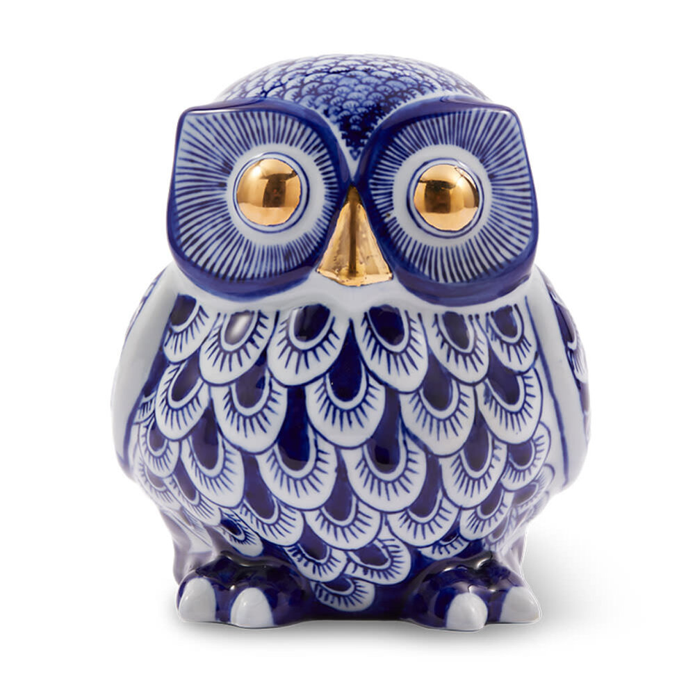 Pols Potten - Beeld Spaarpot Uil Blauw Goud Porselein 18x20cm