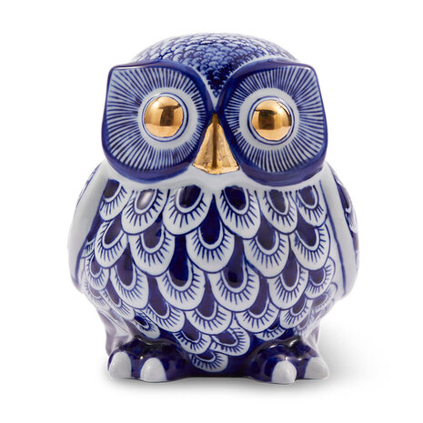 Pols Potten - Beeld Spaarpot Uil Blauw Goud Porselein 18x20cm