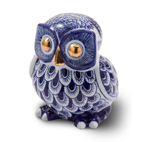 Pols Potten - Beeld Spaarpot Uil Blauw Goud Porselein 18x20cm