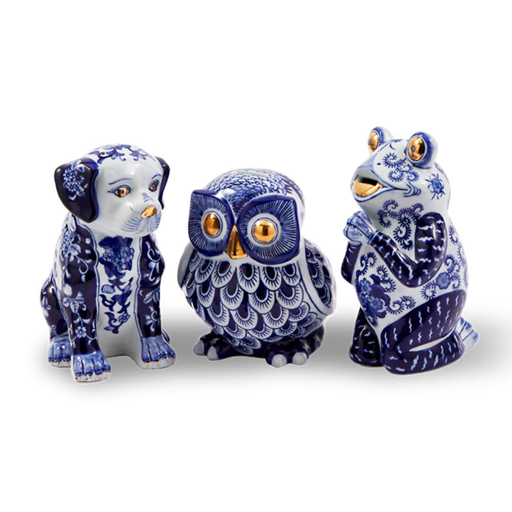 Pols Potten - Beeld Spaarpot Uil Blauw Goud Porselein 18x20cm