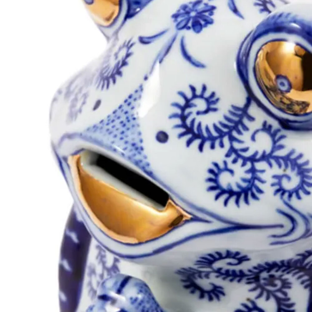 Pols Potten - Beeld Spaarpot Kikker Blauw Goud Porselein 14x26cm Pols Potten - Beeld Spaarpot Kikker Blauw Goud Porselein 14x26cm