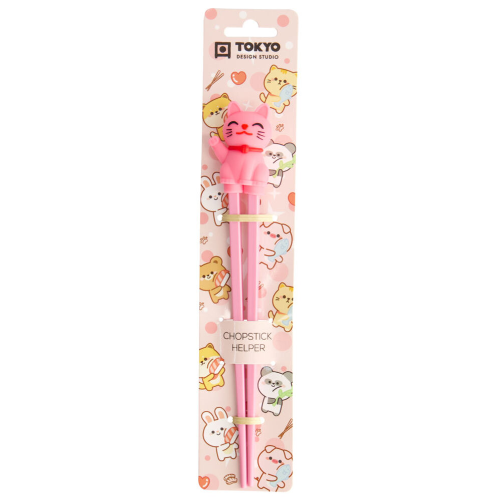 Tokyo Design Studio - Kinder Eetstokjes Lucky Cat Roze 22cm - Chopsticks met Roze Gelukskatje en Zwaaiend Pootje