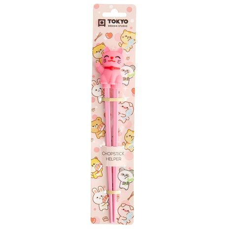 Tokyo Design Studio - Kinder Eetstokjes Lucky Cat Roze 22cm - Chopsticks met Roze Gelukskatje en Zwaaiend Pootje