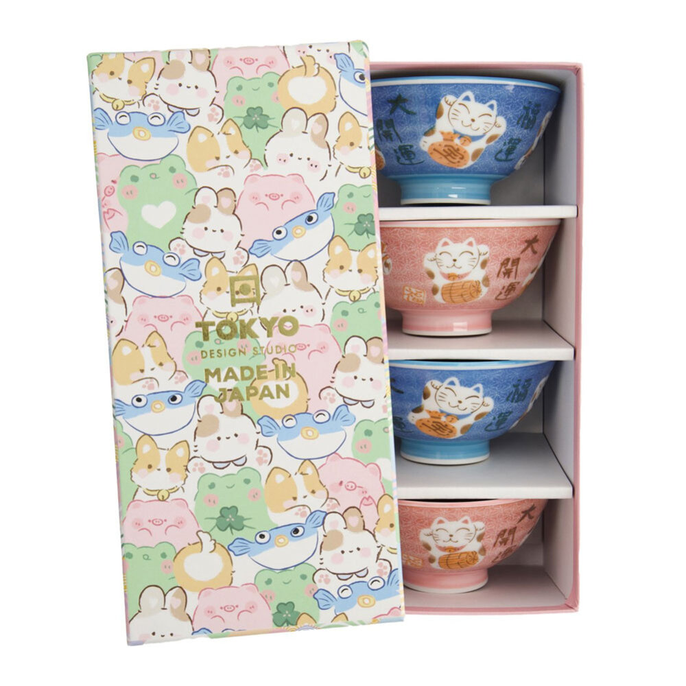 Melting Pot - Schaaltjes Kawaii Lucky Cat Roze Blauw 12x6cm set/4 Melting Pot - Schaaltjes Kawaii Lucky Cat Roze Blauw 12x6cm set/4