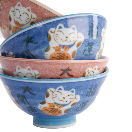 Melting Pot - Schaaltjes Kawaii Lucky Cat Roze Blauw 12x6cm set/4 Melting Pot - Schaaltjes Kawaii Lucky Cat Roze Blauw 12x6cm set/4