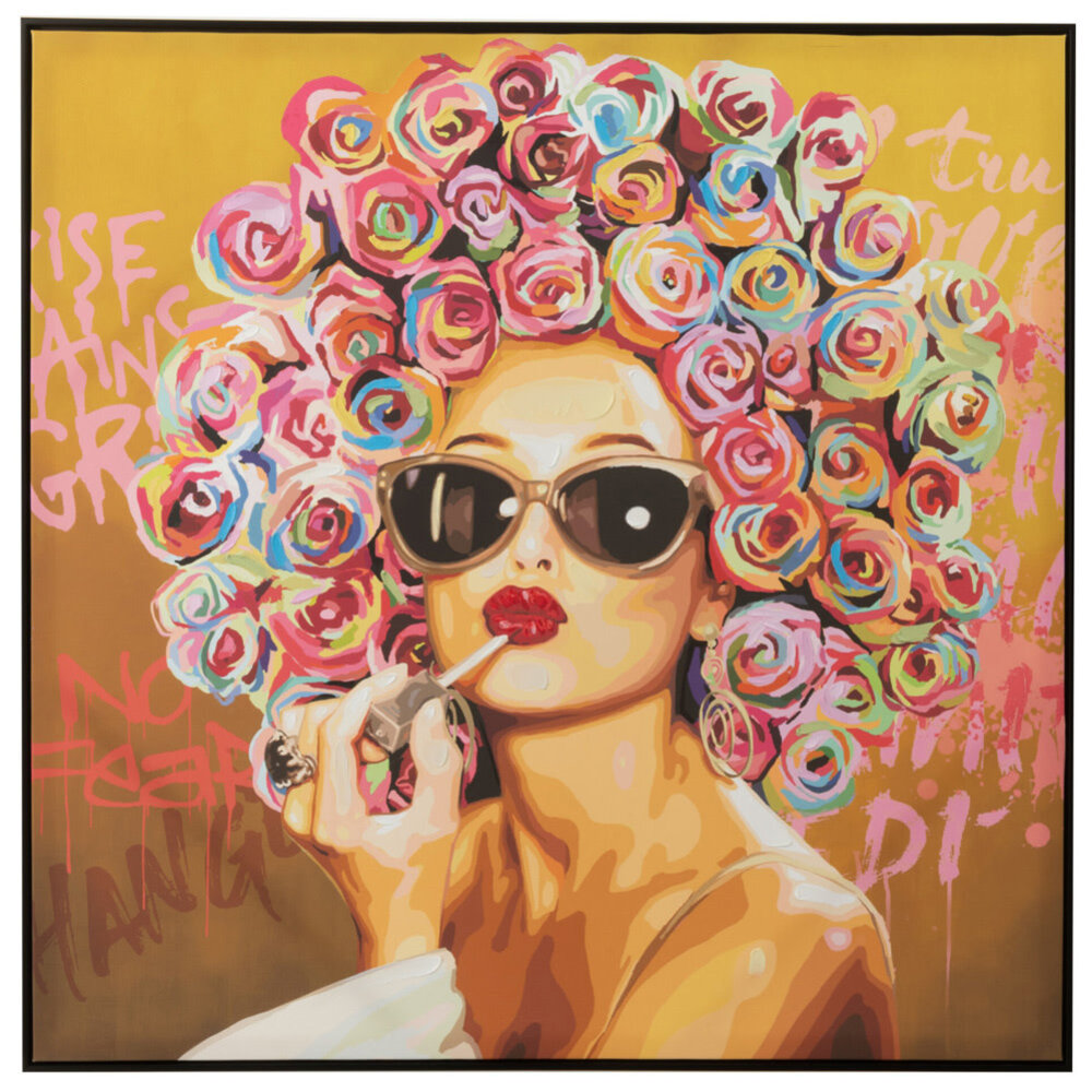 Melting Pot - Kleurrijk Graffiti Schilderij van Vrouw met Bloemen op Canvas 100x100cm met Zwarte Lijst