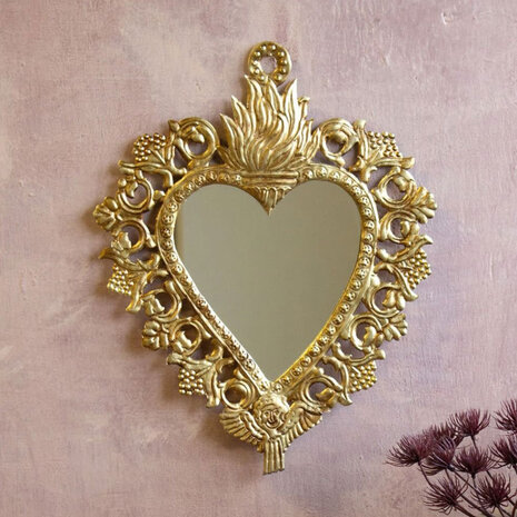Melting Pot - Spiegeltje Hart met Vlam en Bessen Antiek Goud 36x38cm