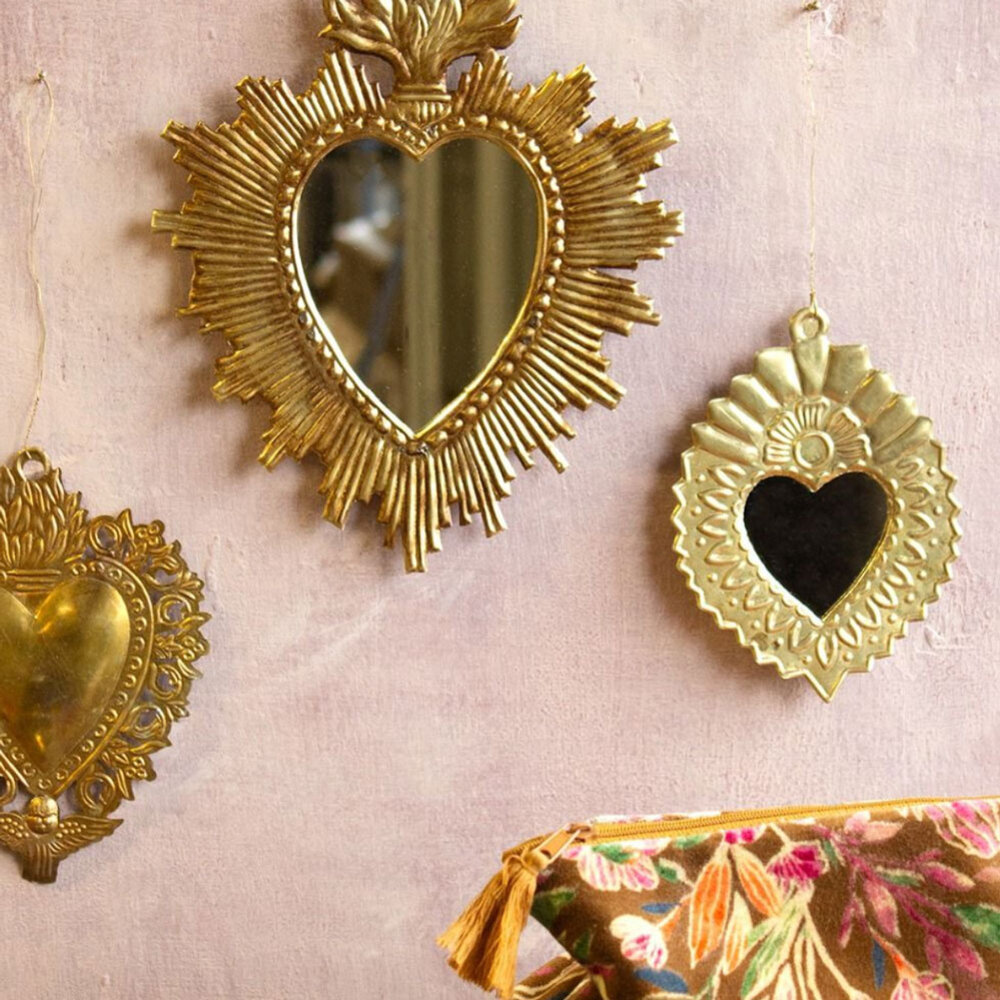 Melting Pot - Spiegeltje Mini Hart met Bloem Antiek Goud 11x15cm