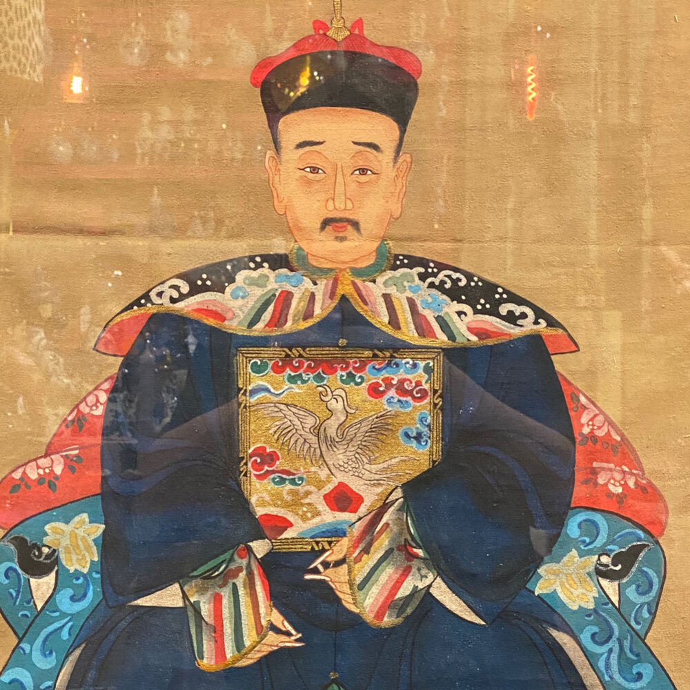 Melting Pot - Schilderij Chinese Voorouder Hoed Blauw Multi 56x91cm ingelijst