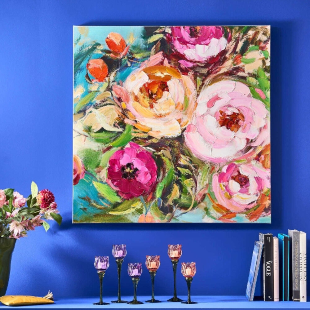 Werns - Schilderij Bloemen Roze Multicolor 100x100cm handgeschilderd Werns - Schilderij Bloemen Roze Multicolor 100x100cm handgeschilderd