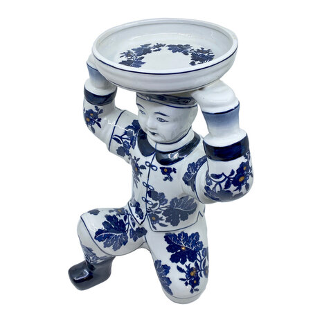 Melting Pot - Handgemaakt Beeld van Chinese Man met Schaaltje in Blauw-Wit Keramiek 23x32cm