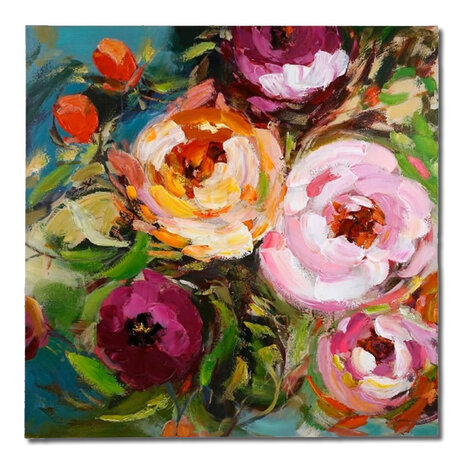 Werns - Schilderij Bloemen Roze Multicolor 100x100cm handgeschilderd Werns - Schilderij Bloemen Roze Multicolor 100x100cm handgeschilderd