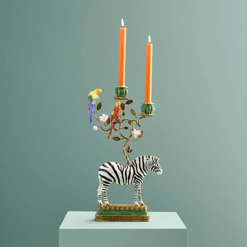 Werns - Kandelaar Zebra en Papegaaien Multicolor Metaal 27x45cm 2-houders Werns - Kandelaar Zebra en Papegaaien Multicolor Metaal 27x45cm 2-houders