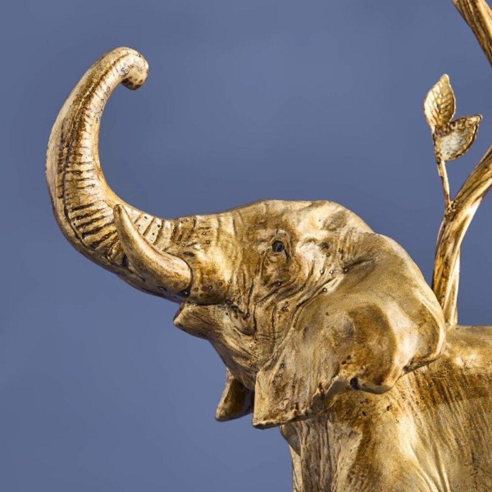 Werns - Kandelaar Olifant met Papegaai Multicolor Jade Goud – Polyresin & Metaal 26x11x46,5cm 3-houders