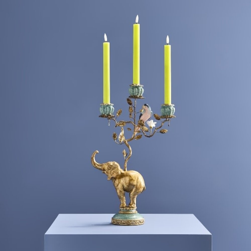 Werns - Kandelaar Olifant met Papegaai Multicolor Jade Goud – Polyresin & Metaal 26x11x46,5cm 3-houders