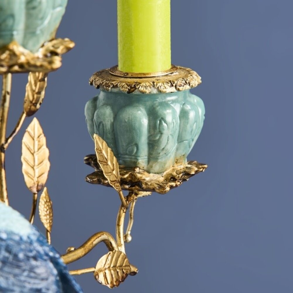 Werns - Kandelaar Olifant met Papegaai Multicolor Jade Goud – Polyresin & Metaal 26x11x46,5cm 3-houders