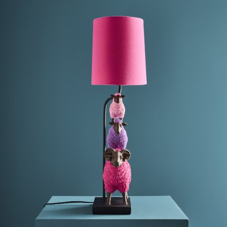 Werns - Tafellamp 3 Schapen Roze Multicolor 35x67cm met Fuchsia Fluwelen Lampenkap