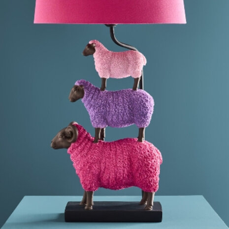Werns - Tafellamp 3 Schapen Roze Multicolor 35x67cm met Fuchsia Fluwelen Lampenkap