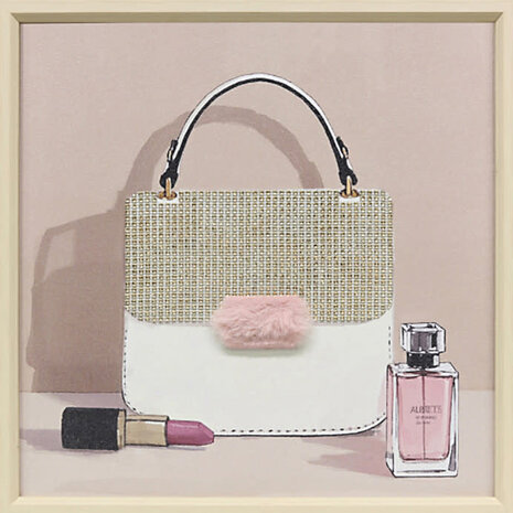 Melting Pot - Schilderij Handtasje met 3-D Bontje Roze 40x40cm ingelijst Melting Pot - Schilderij Handtasje met 3-D Bontje Roze 40x40cm ingelijst