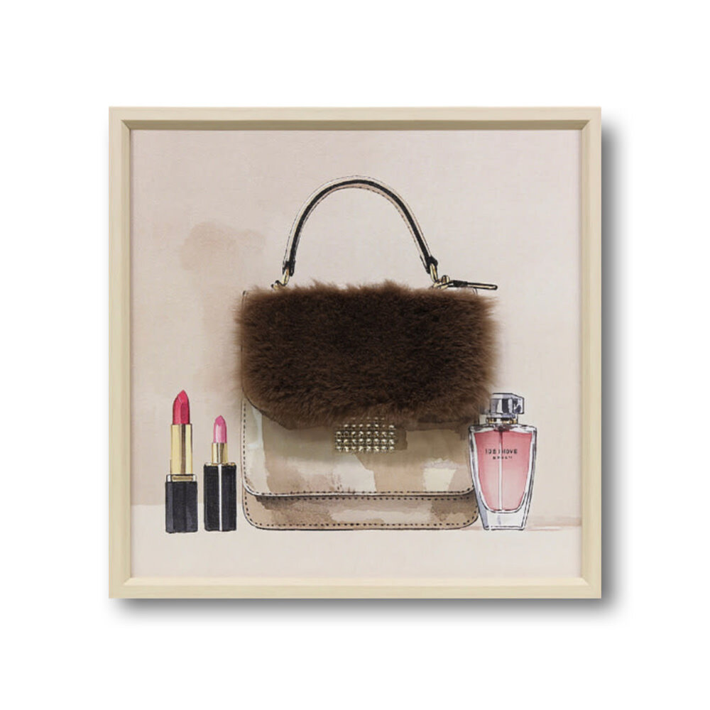 Melting Pot - Schilderij Handtasje met 3-D Bontje Bruin 40x40cm ingelijst