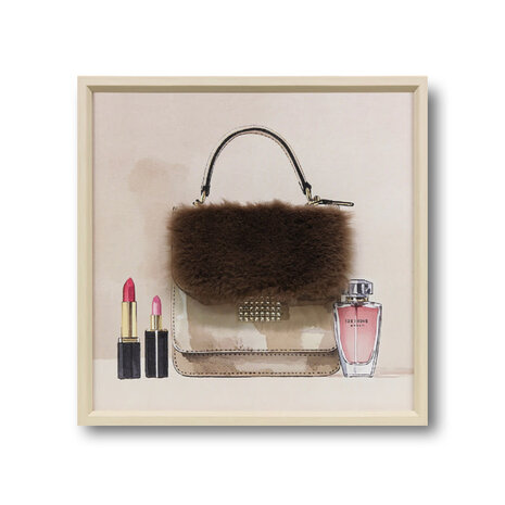 Melting Pot - Schilderij Handtasje met 3-D Bontje Bruin 40x40cm ingelijst