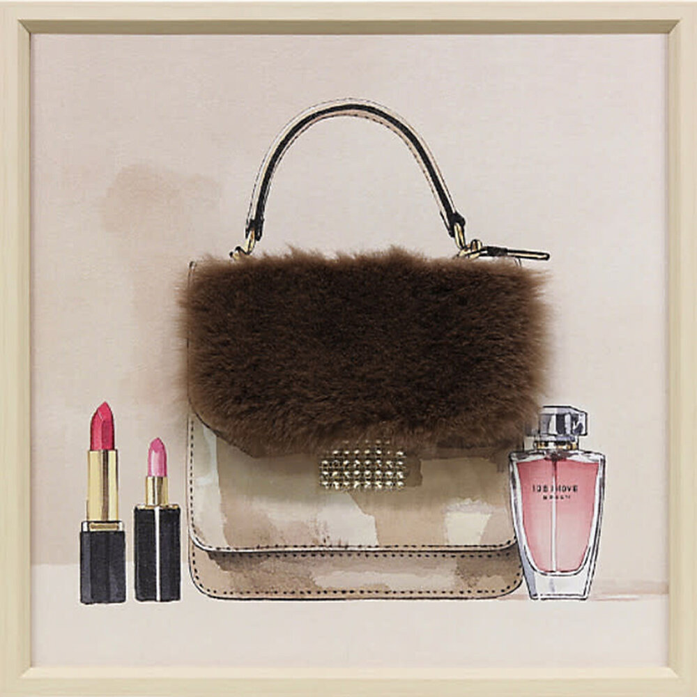 Melting Pot - Schilderij Handtasje met 3-D Bontje Bruin 40x40cm ingelijst