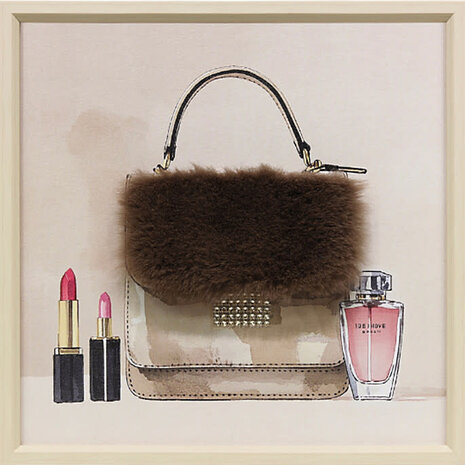 Melting Pot - Schilderij Handtasje met 3-D Bontje Bruin 40x40cm ingelijst