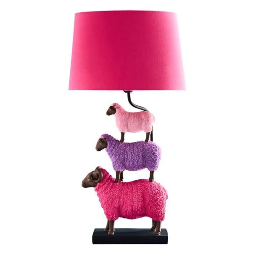 Werns - Tafellamp 3 Schapen Roze Multicolor 35x67cm met Fuchsia Fluwelen Lampenkap