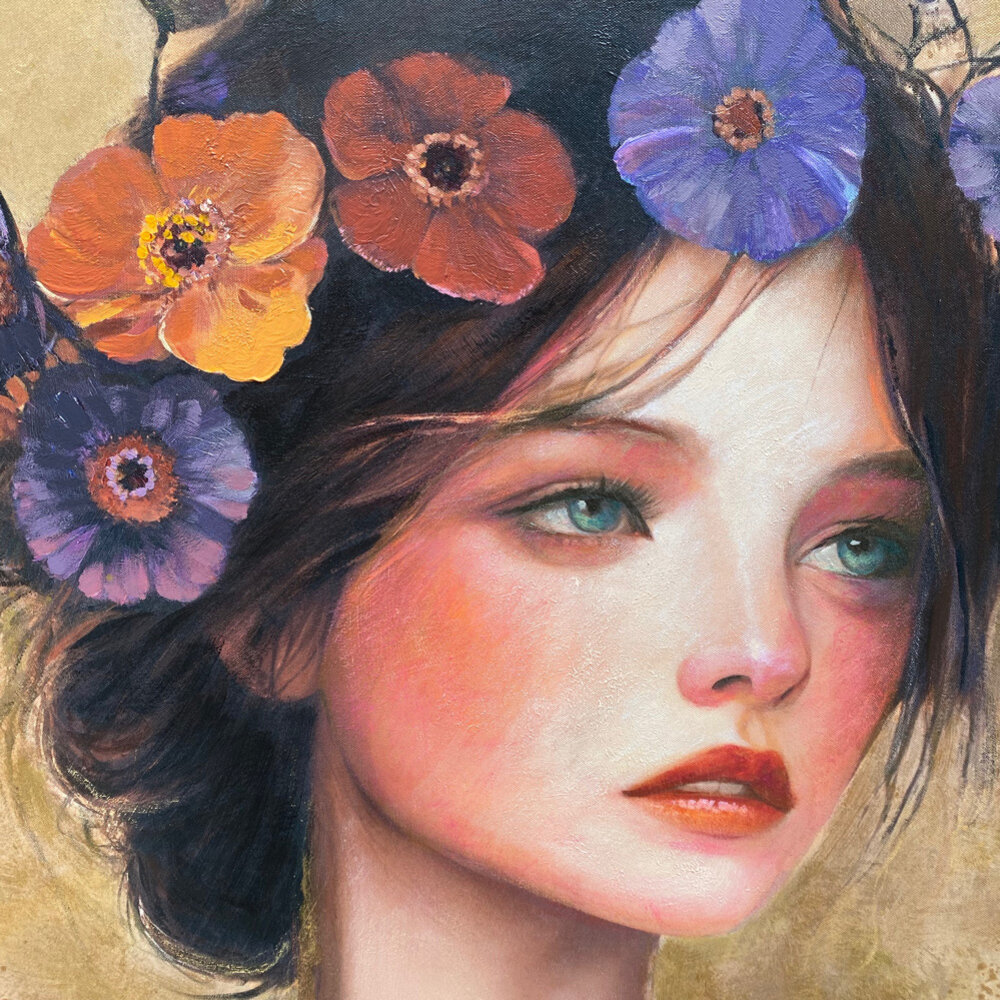 Colmore - Schilderij Meisje met Bloemen Multicolor 100x100cm ingelijst