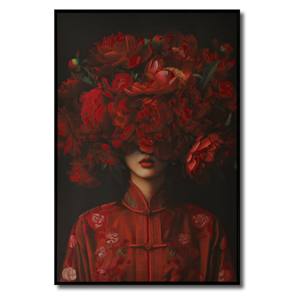 Melting Pot - Schilderij Vrouw met Rode Bloemen op Canvas 83x123cm ingelijst Melting Pot - Schilderij Vrouw met Rode Bloemen op Canvas 83x123cm ingelijst