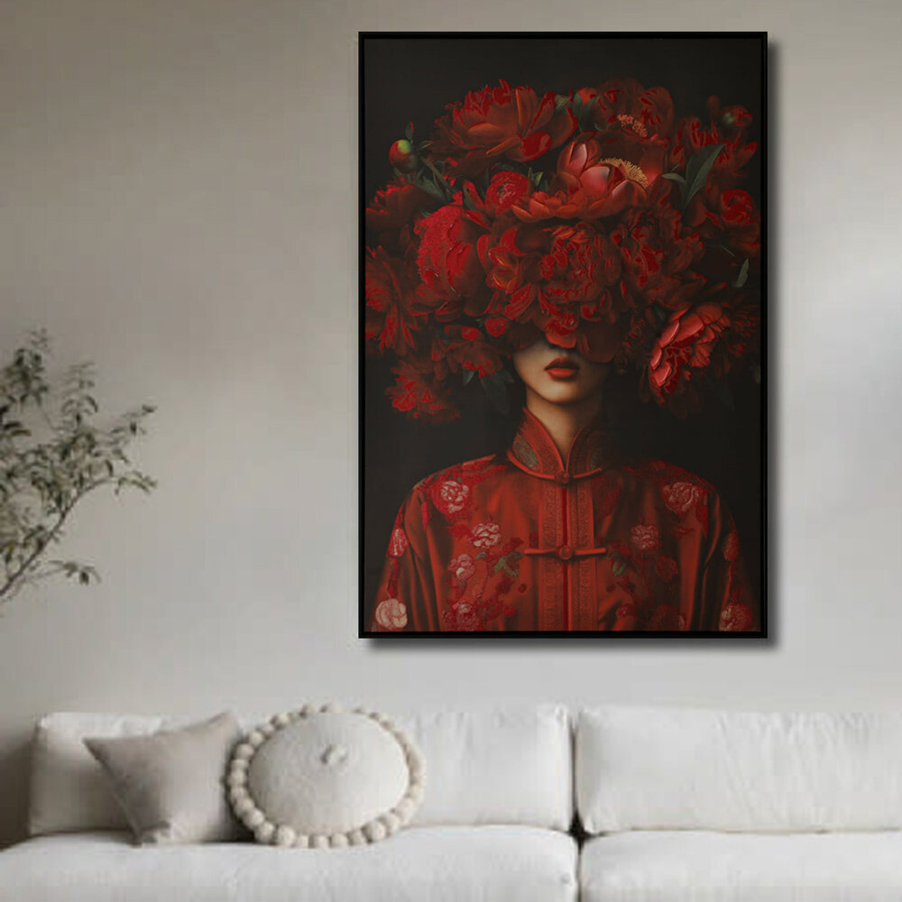 Melting Pot - Schilderij Vrouw met Rode Bloemen op Canvas 83x123cm ingelijst Melting Pot - Schilderij Vrouw met Rode Bloemen op Canvas 83x123cm ingelijst