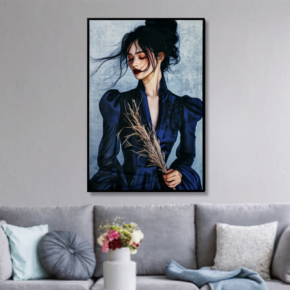 Melting Pot - Schilderij Vrouw in Blauwe Jurk Print op Fluweel 83x123cm in Zwarte Lijst Melting Pot - Schilderij Vrouw in Blauwe Jurk Print op Fluweel 83x123cm in Zwarte Lijst