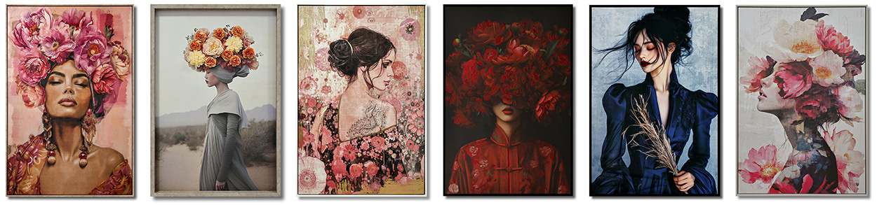 NIEUW BINNEN: Schilderijen van vrouwen met bloemen in lijst NIEUW BINNEN: Schilderijen van vrouwen met bloemen in lijst