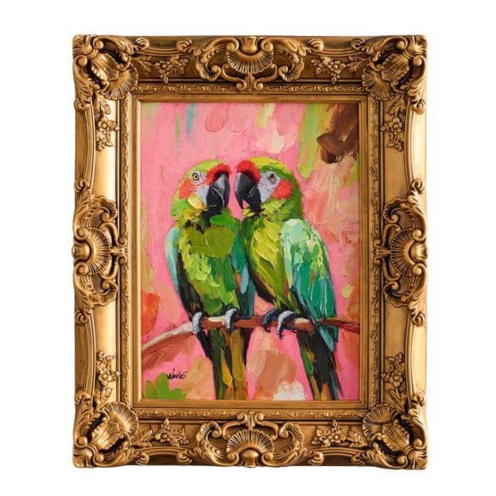 Werns - Schilderij Twee Papegaaien Multicolor Acryl op Canvas 44x54cm in Gouden Baroklijst